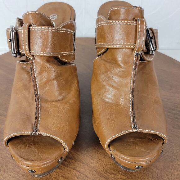 GC Womens Veronica Sandals 38 Brown Leather Peep Toe Buckle Wooden Chunky Wedge - Picture 6 of 13